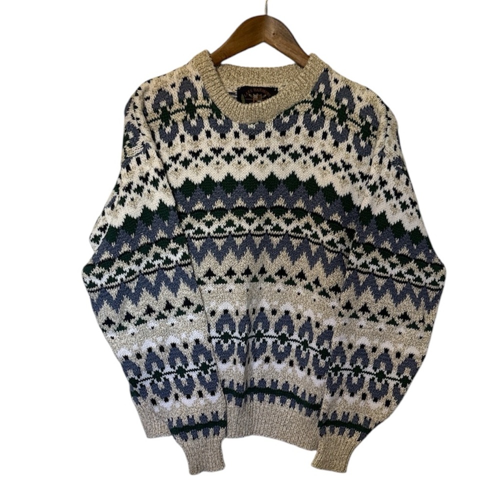 Vintage Fair Isle Cotton Pullover Sweater Jumper Blue White Cream Ski Medium